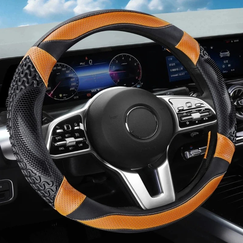 PU Leather Steering Wheel Cover 38cm – Universal Non-Slip O/D Type Breathable Car Steering Protector - Delicate Leather