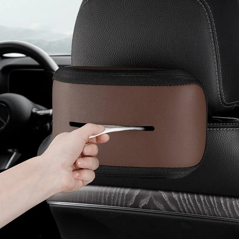 Leather Car Tissue Bag Holder – Universal Armrest & Seat Back Mounted Paper Box Organizer - Delicate Leather