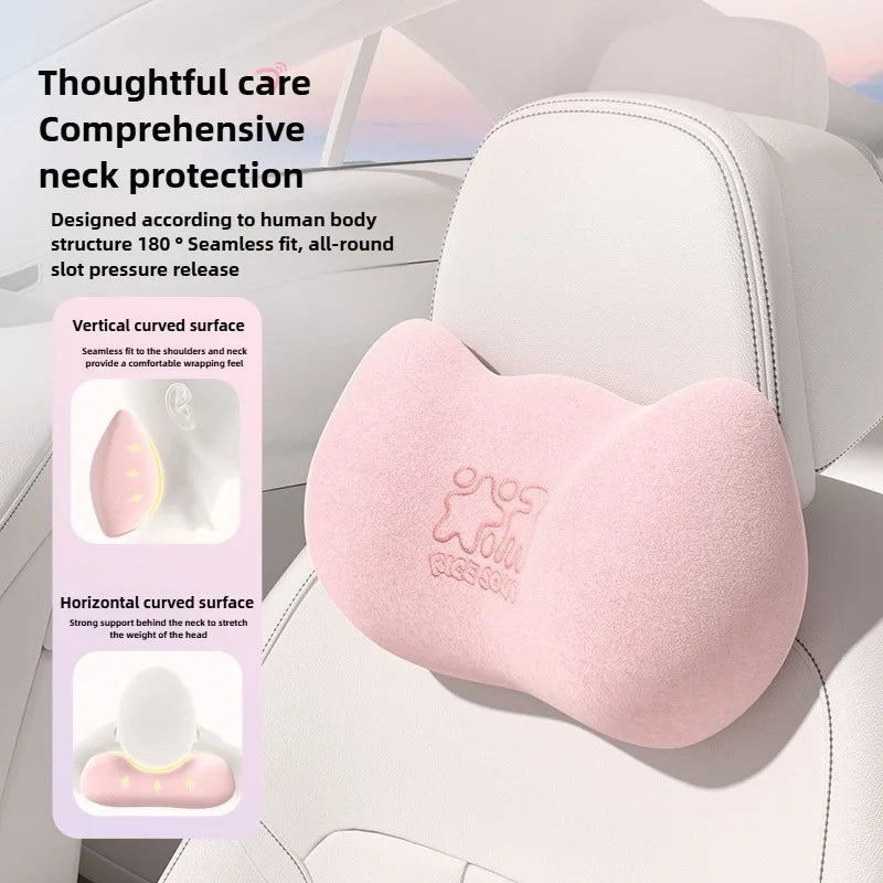 Plush Car Neck Pillow and Waist Pillow Set - Cute Pink Auto Headrest and Lumbar Support - Kawaii Car Seat Pillow for Comfort and Relaxation - Delicate Leather