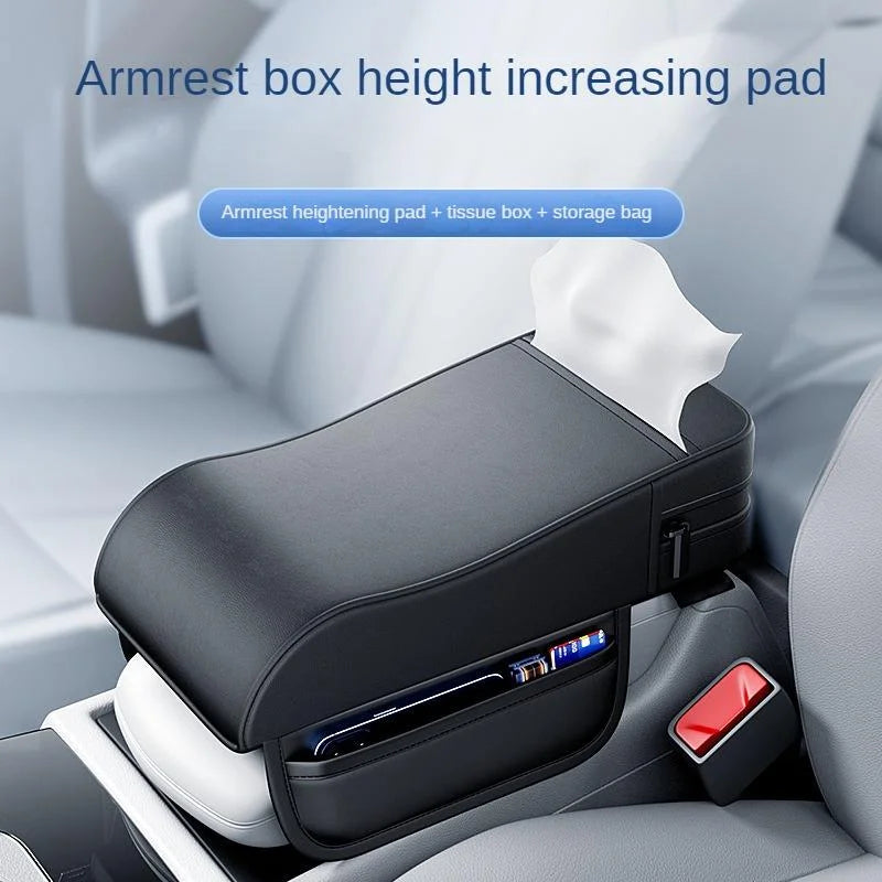 Car Armrest Height Pad with Tissue Holder – Universal Center Console Armrest Cushion - Delicate Leather