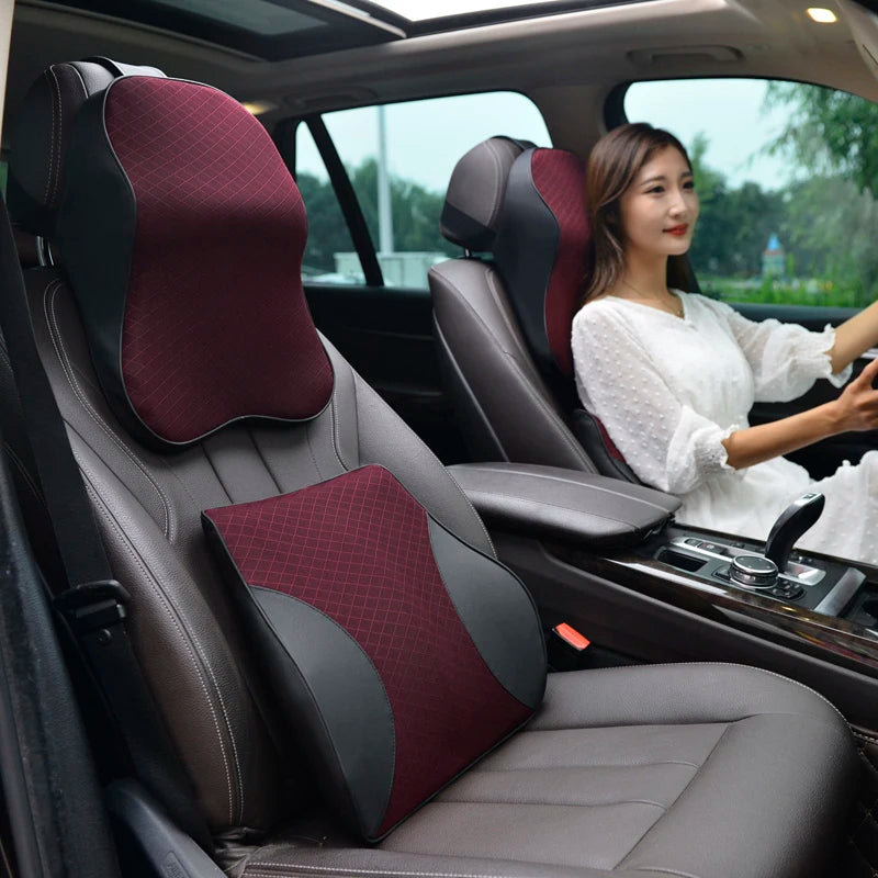 Premium Memory Foam Car Lumbar and Neck Pillow Car Seat Neck Pillow Waist Cushion for Neck Pain and Headrest Support - Delicate Leather