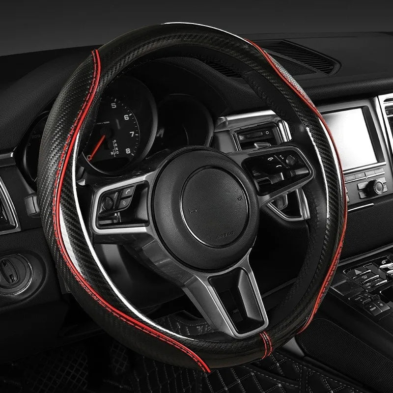 Sports Carbon Fiber Steering Wheel Cover Universal Fit – Anti-Slip Handle Cover for O / D / Double-D Steering Wheels (37–38cm) - Delicate Leather