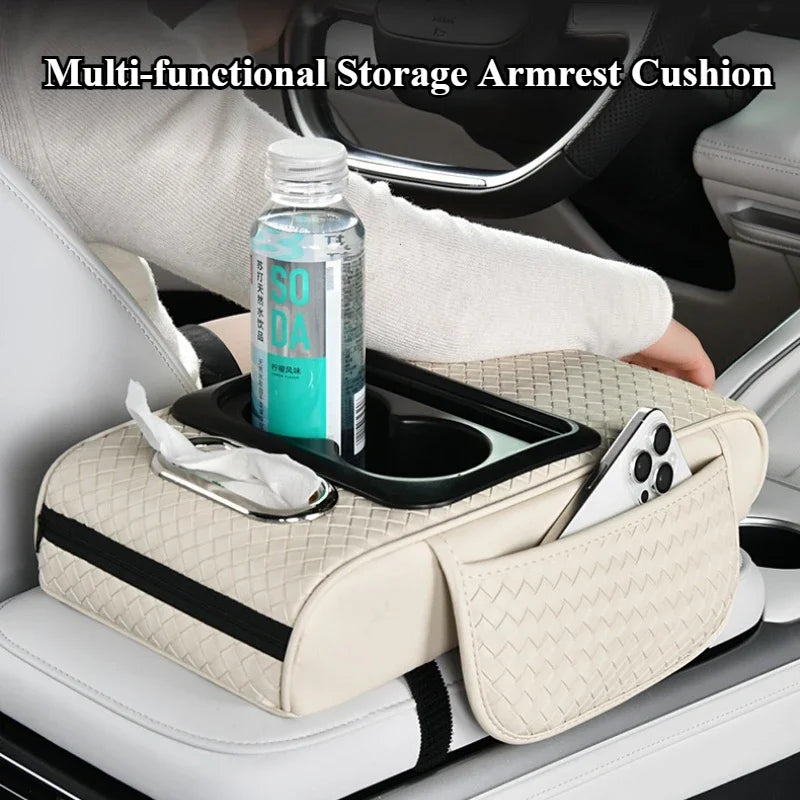 Car Armrest Cushion with Tissue Box, Cup Holder & Phone Pocket – Multifunctional Arm Rest Pad for Trucks and Vehicles - Delicate Leather