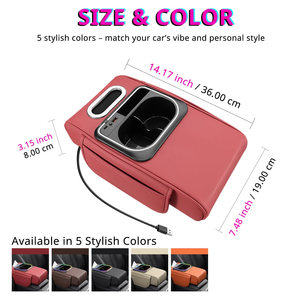 Multi-Functional Car Armrest Cushion with Storage Organizer, Cup Holder, Tissue Slot & Phone Holder - Delicate Leather