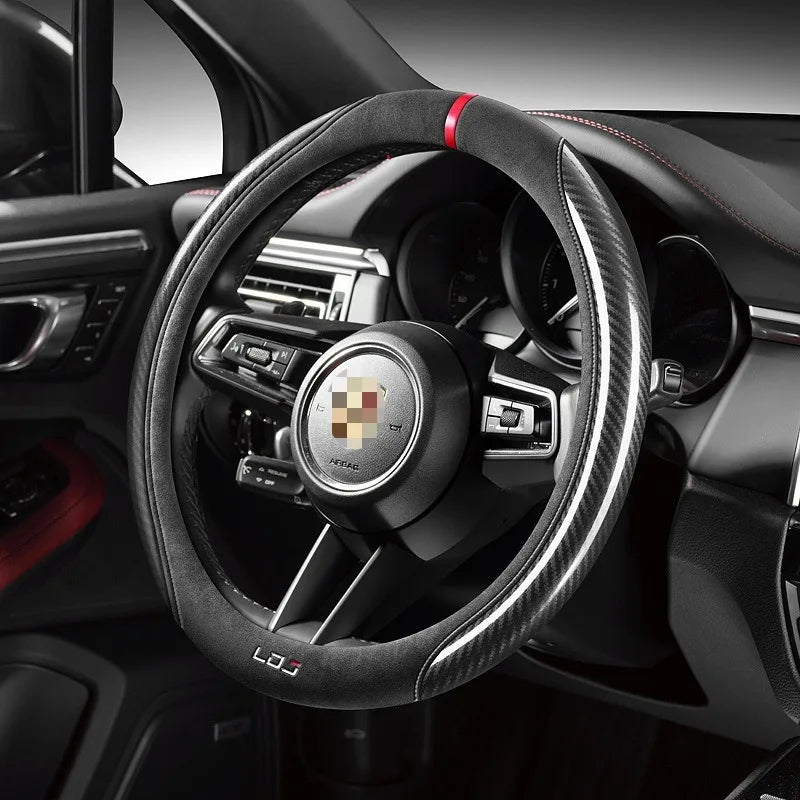 Luxury Suede & Carbon Fiber Steering Wheel Cover – Universal O/D Type Non-Slip Car Steering Protector - Delicate Leather