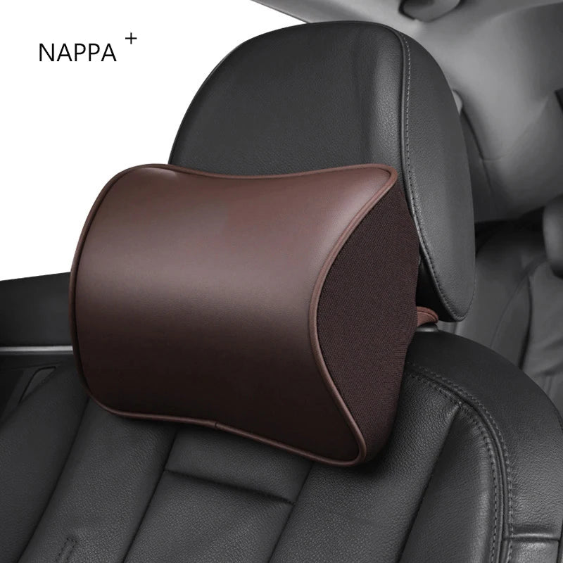 Universal Nappa Leather Car Neck Pillow – Memory Foam Headrest & Waist Support Cushion for Car Interior - Delicate Leather