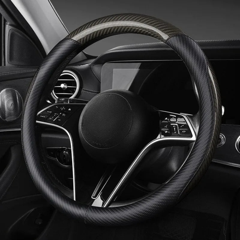 Universal Leather Steering Wheel Cover with Carbon Fiber Style – Non-Slip O/D Type, 14.5–15 Inch - Delicate Leather