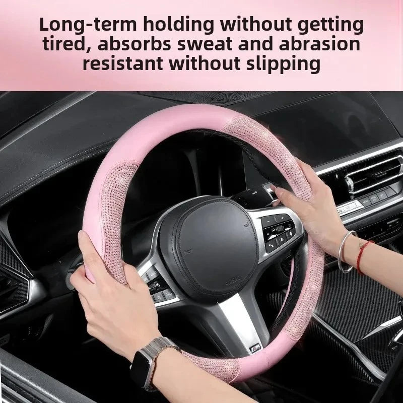Shining Rhinestone Pink Steering Wheel Cover – Sparkling Crystal Diamond Car Interior Accessory for Women, 15-inch Universal Fit - Delicate Leather