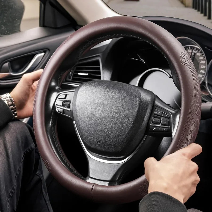 Genuine Cowhide Leather Steering Wheel Cover – Universal Fit for 37–38 cm Steering Wheels - Delicate Leather