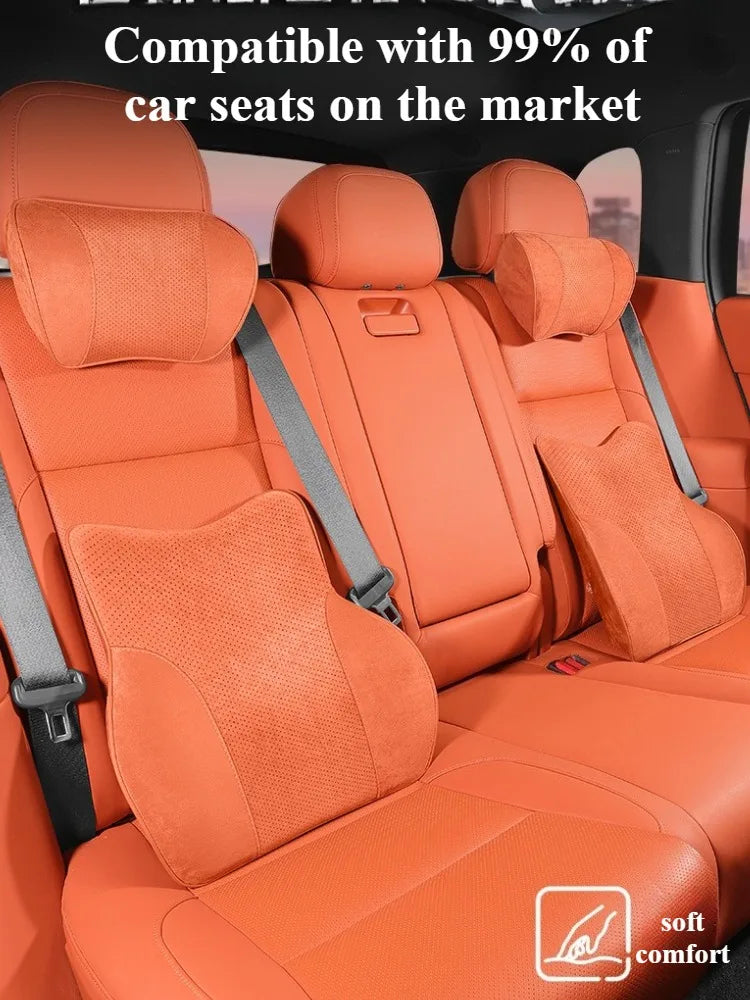 Memory Foam Car Headrest & Waist Pillow - Suede Leather Lumbar Support Seat Accessories - Neck Pillows & Back Cushion - Delicate Leather