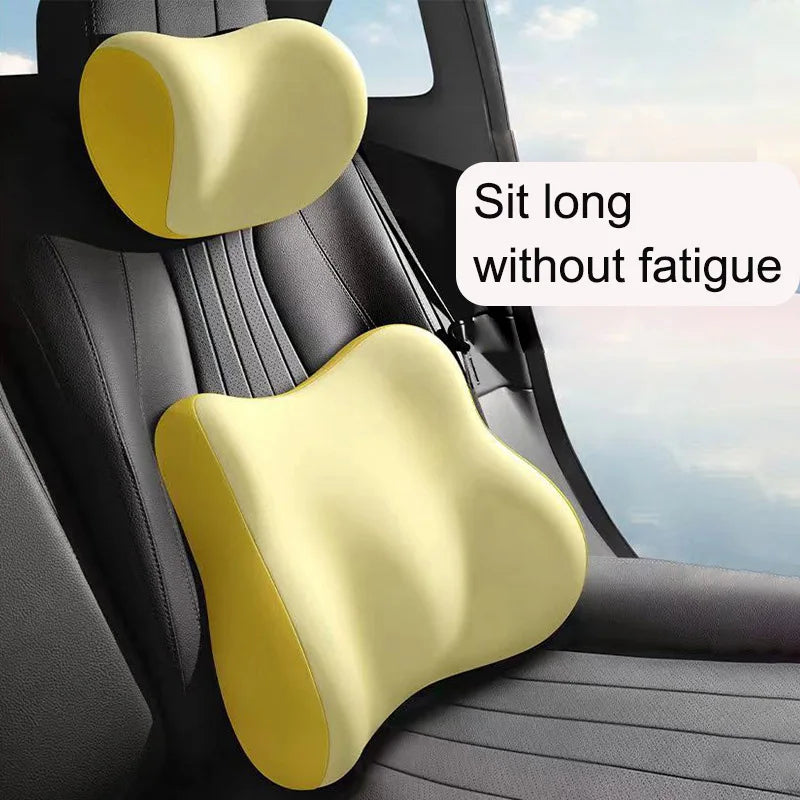 Car Headrest and Lumbar Support Pillow Set – Memory Foam Neck Cushion and Breathable Back Support Pad for Vehicle Seats - Delicate Leather
