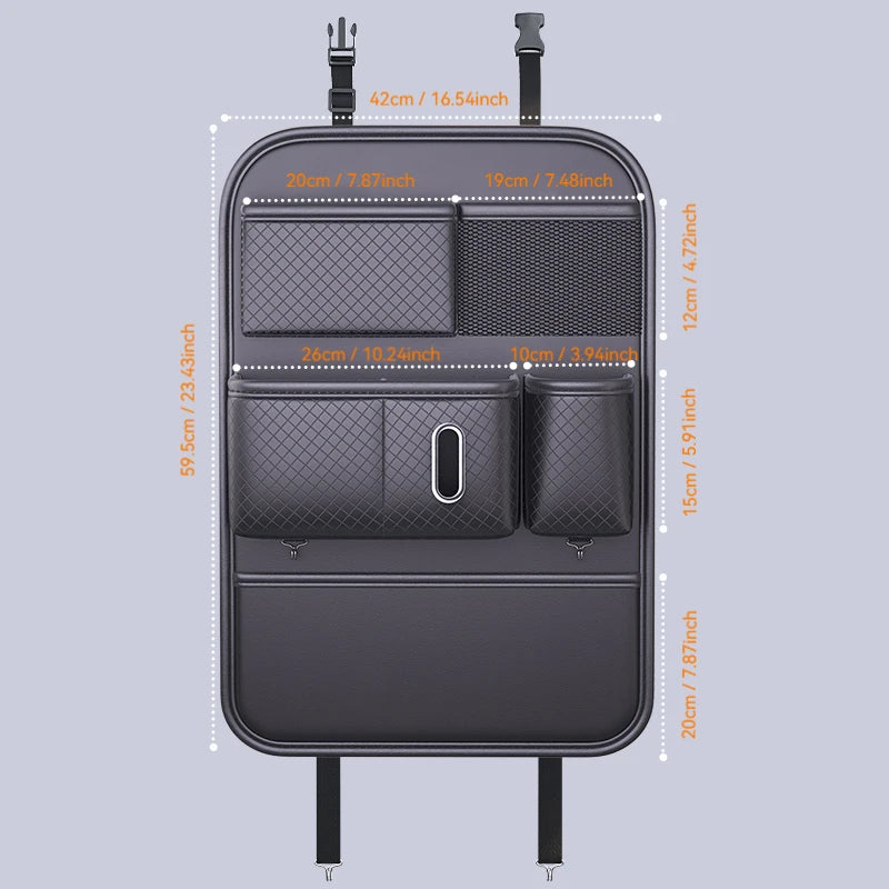 Car Backseat Organizer with Tissue Box – Black Leather Storage Bag with Pockets for Phone, Bottle, and Umbrella - Delicate Leather