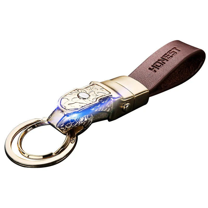 Leather Keychain with LED Light – Leopard Head Pendant Car Key Ring with Removable Belt Clip - Delicate Leather