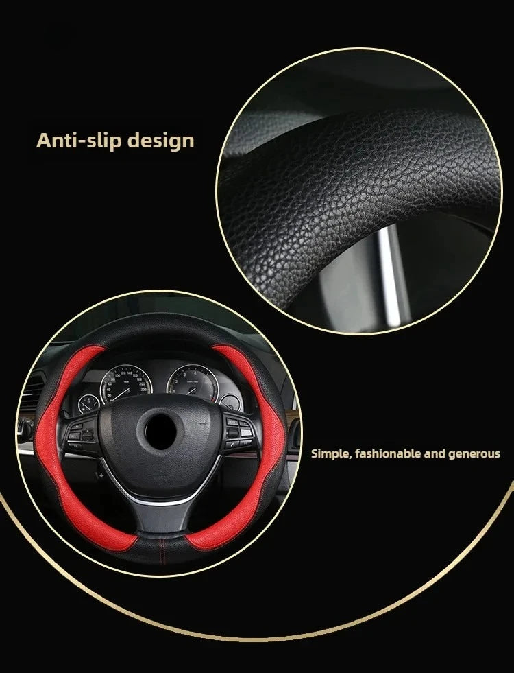 PU Leather Steering Wheel Cover – Anti-Slip 15 Inch Universal Round Interior Accessory - Delicate Leather