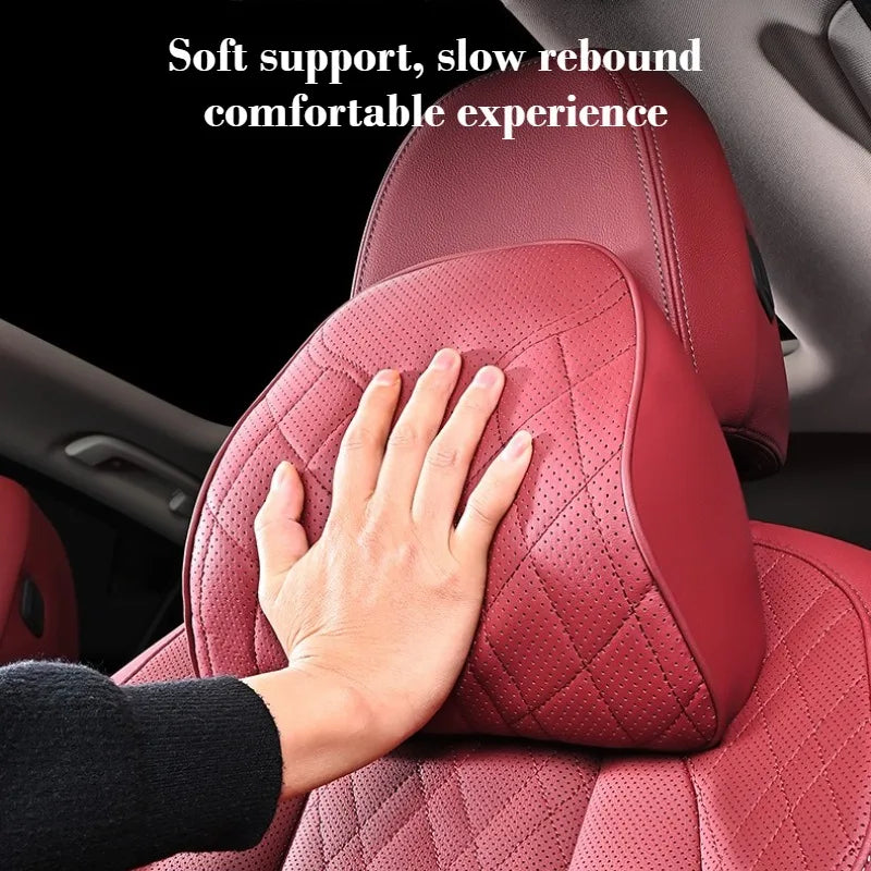 Memory Foam Car Neck & Lumbar Pillow Set – Nappa Leather Headrest and Waist Support - Delicate Leather