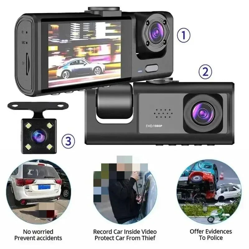 HD 1080P 3-Lens Dash Cam – 3-Channel Car DVR Recorder for Inside Vehicle, Three-Way Camera Dashcam 31 - Delicate Leather