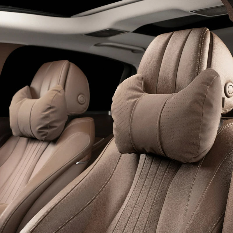 Car Neck & Waist Pillow - Soft Comfort Auto Seat Headrest and Cushion Support for Driving - Universal Fit - Delicate Leather