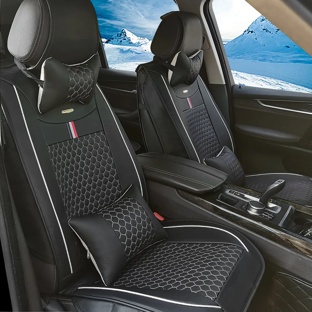 PU Leather Car Seat Covers for Five Seats – Black & White Waterproof Cushions with Headrest and Lumbar Support 14 - Delicate Leather