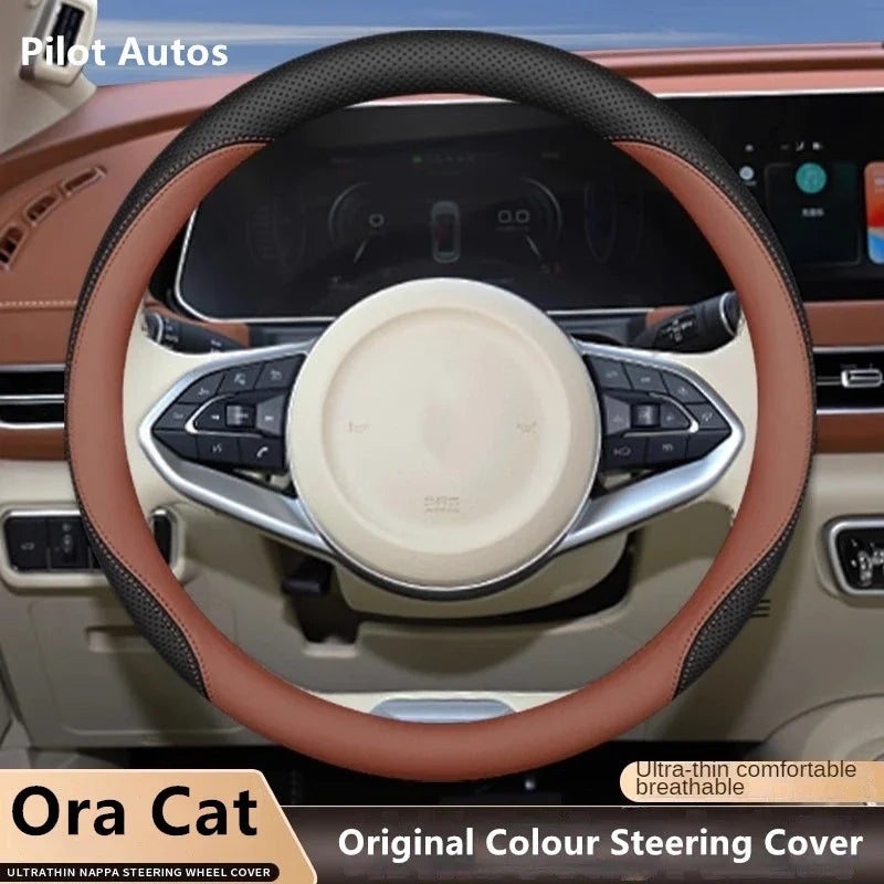 Original Colour Leather Steering Wheel Cover – Breathable Nappa Leather Protector, Custom Fit for ORA CAT / GWM ORA 03 Funky Cat - Delicate Leather