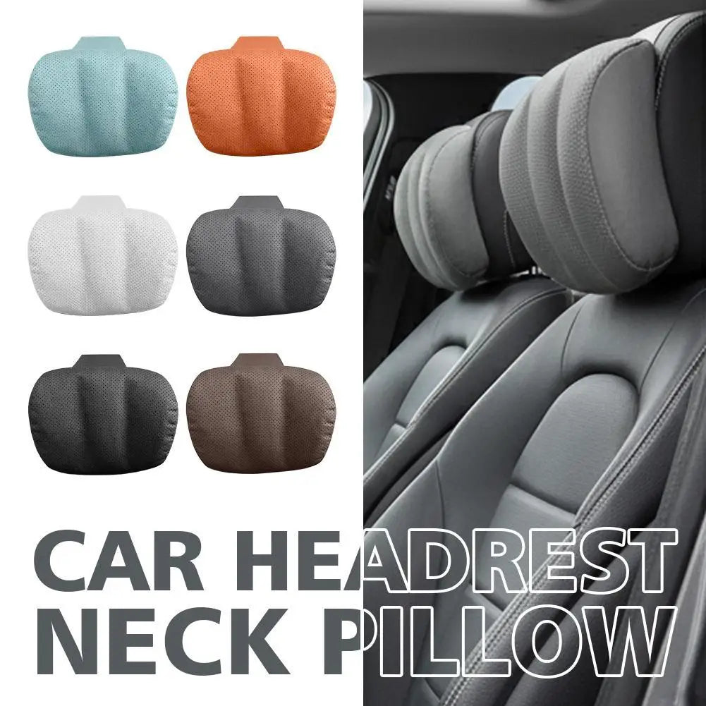 Car Headrest Neck Pillow – Memory Foam Travel Head Support Cushion, Universal Adjustable Fit - Delicate Leather