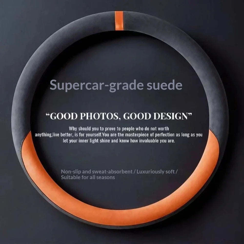 Suede Leather Steering Wheel Cover 37–38cm – Universal Anti-Slip Breathable Grip - Delicate Leather