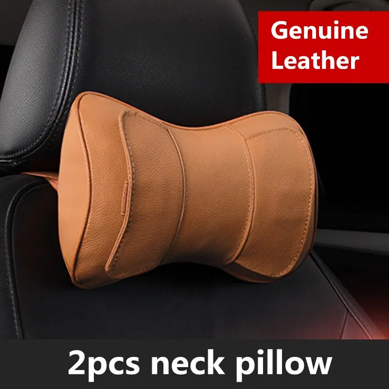 Genuine Leather Car Seat Headrest Pillow – Ergonomic Neck Support Cushion, Universal Auto Interior Accessory (2PCS)