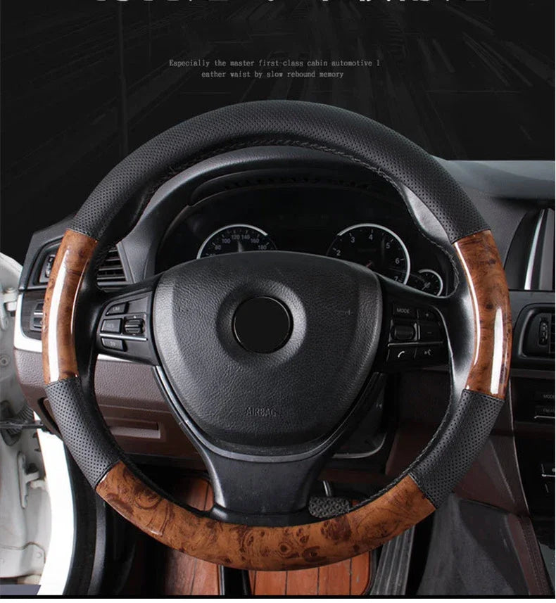 Wood Grain Steering Wheel Cover – PU Leather Anti-Slip Breathable 38cm Universal Fit - Delicate Leather