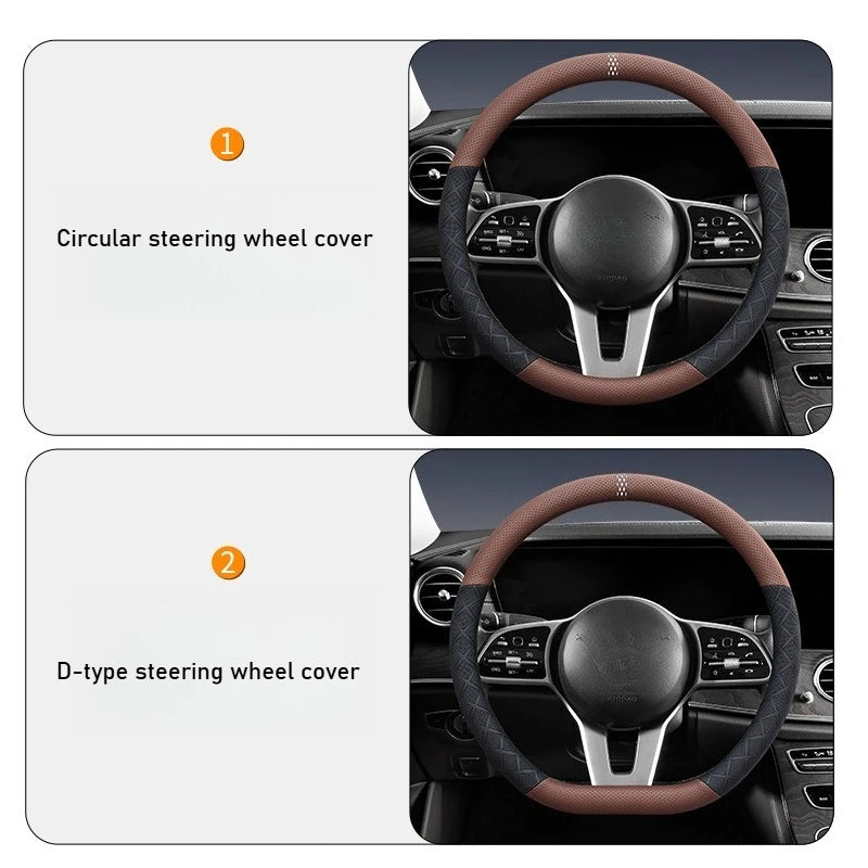 38cm Universal Leather Car Steering Wheel Cover Anti-Slip Breathable Steering Wheel Protector - Delicate Leather