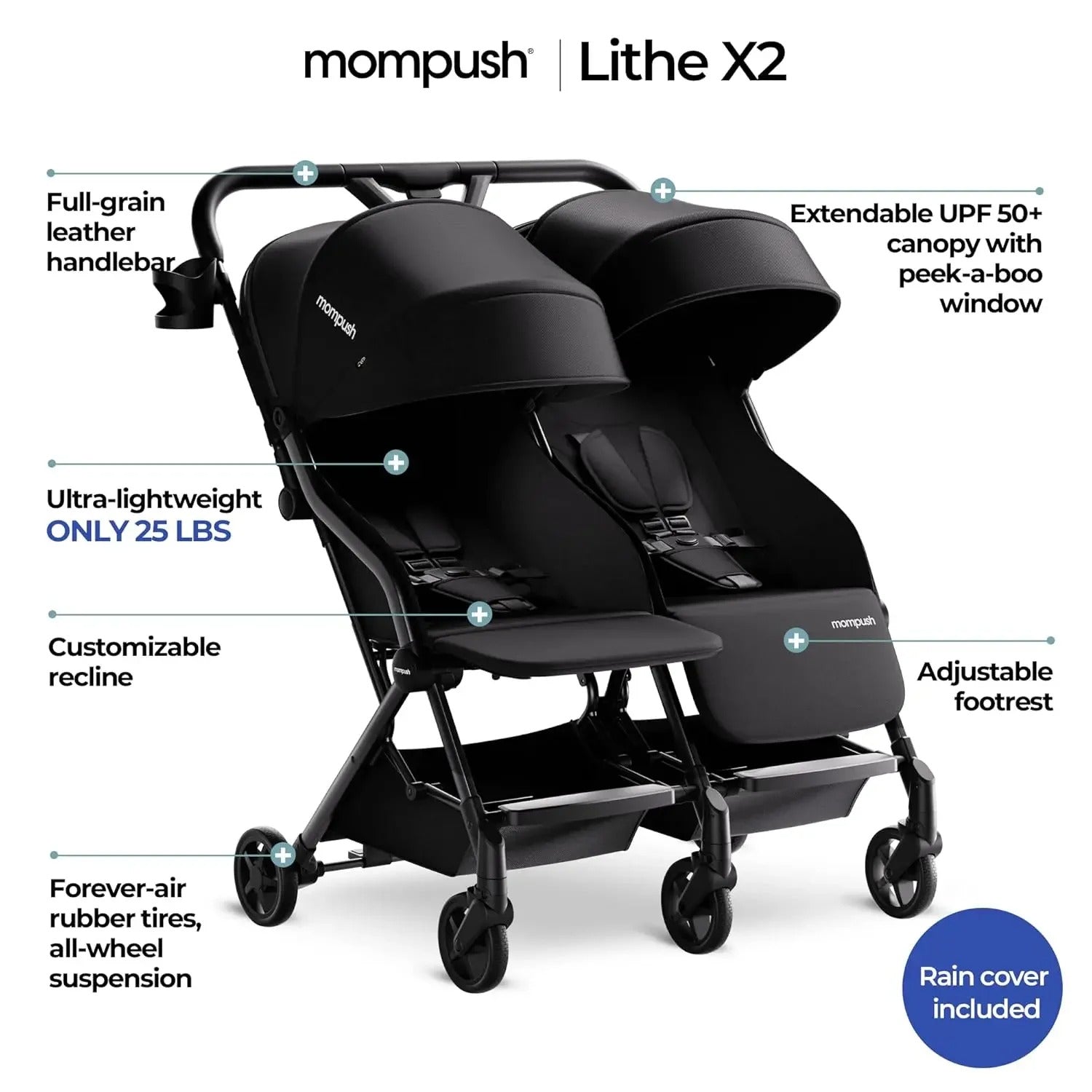 Double Ultralight Stroller – Lightweight Side-by-Side Twin Stroller with Adjustable Seats and Compact Fold - Delicate Leather