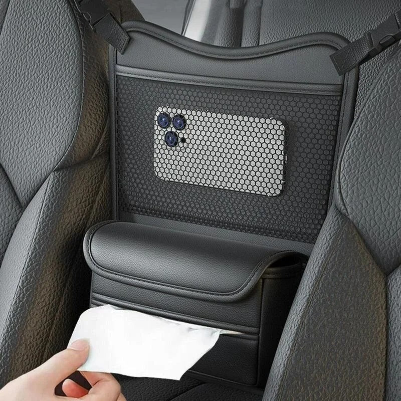 Large Capacity Car Seat Middle Hanger Storage Bag – Between Seats Organizer with Cup & Tissue Pockets - Delicate Leather
