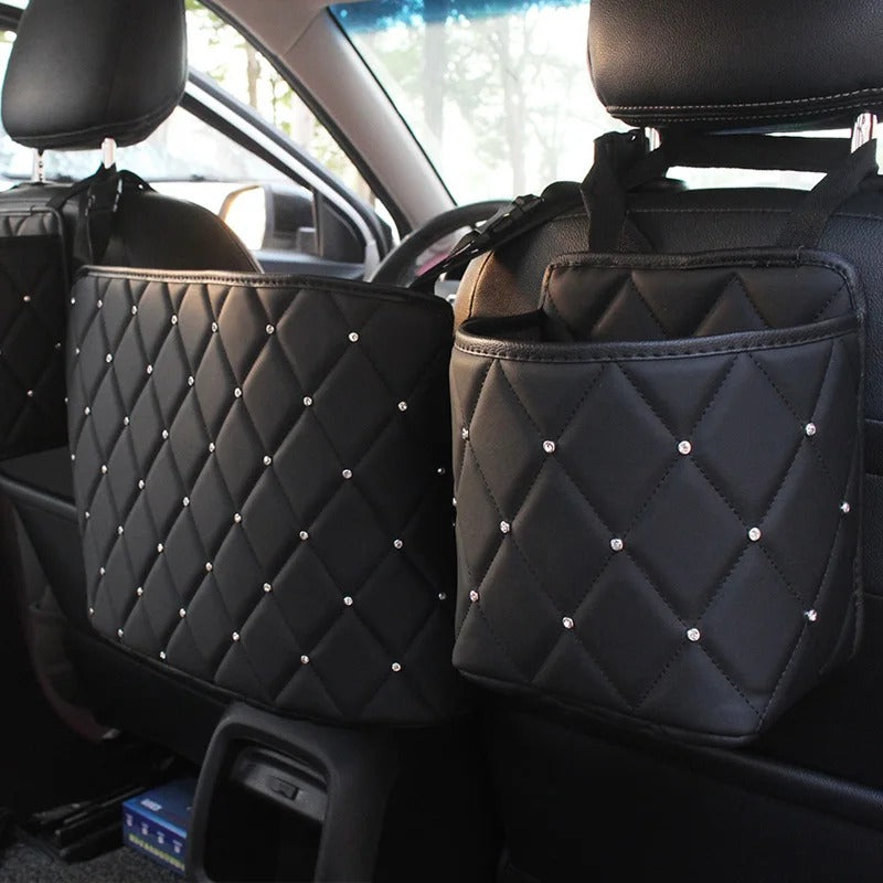 Crystal Rhinestone PU Leather Car Storage Bag – Stylish Backseat Organizer with Multi-Pockets - Delicate Leather