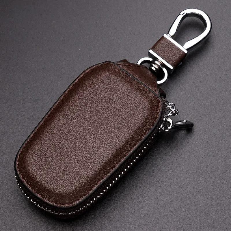Leather Car Key Holder – Zipper Keychain Organizer with Metal Hook - Delicate Leather
