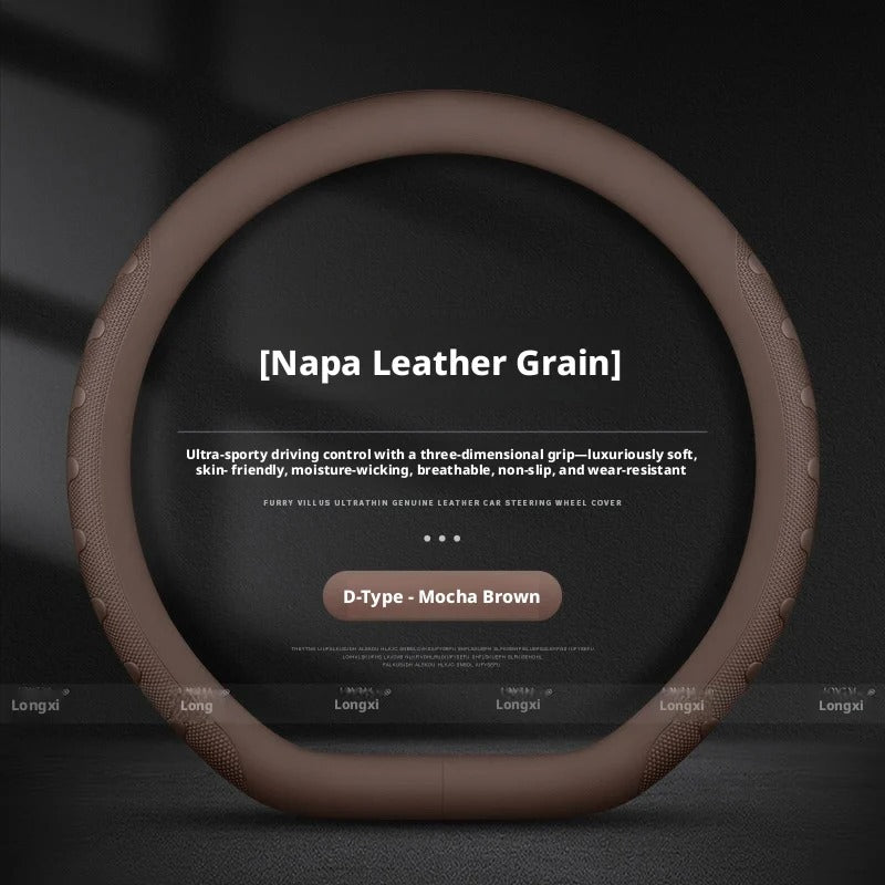 Nappa Leather Steering Wheel Cover – Universal Round & D-Shape Anti-Slip All-Season Grip - Delicate Leather