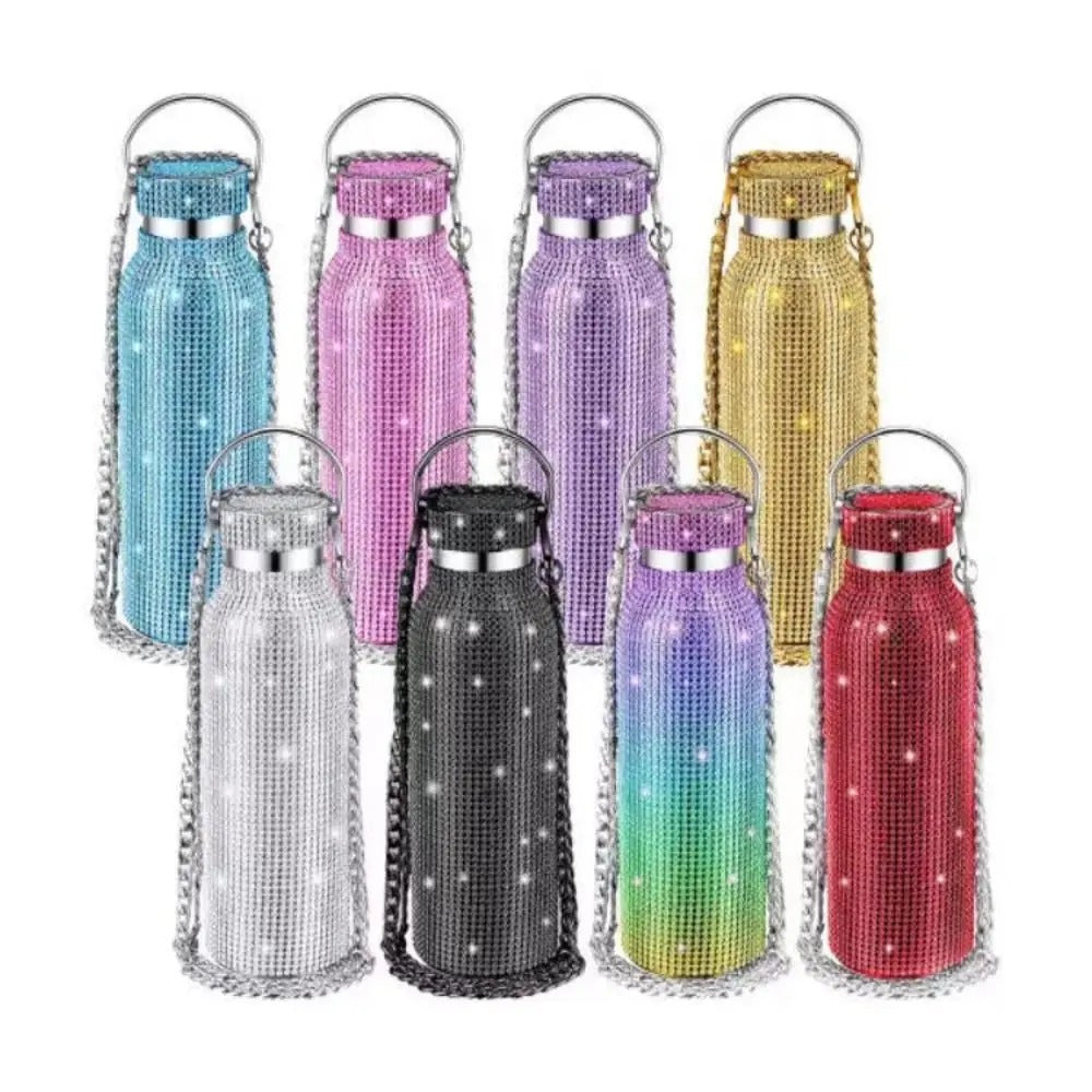 Bling Rhinestone Stainless Steel Water Bottle – Glitter Tumbler with Chain Strap & Thermal Insulation - Delicate Leather