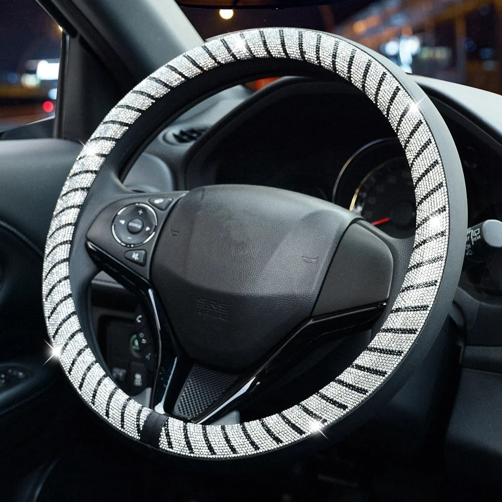 Luxury 3D Square Diamond Steering Wheel Cover – Ultra Bling Crystal PU Leather Fit for 37.5–38cm - Delicate Leather