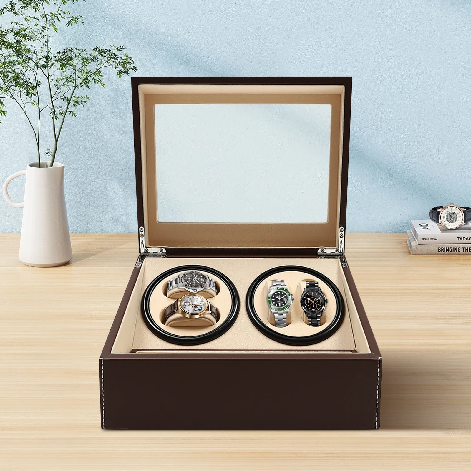 4+6 Automatic Rotation Leather Wood Watch Winder Storage Display Case with Pillow, Luxury Box - Delicate Leather
