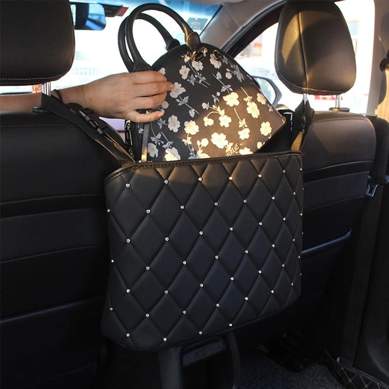 Crystal Rhinestone PU Leather Car Storage Bag – Stylish Backseat Organizer with Multi-Pockets