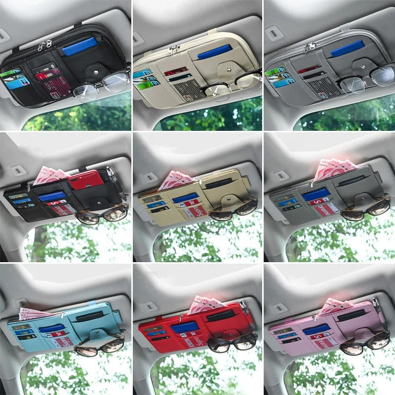 Car Sun Visor Organizer - Multi-pocket Zipper Auto Truck SUV Storage Pouch - Delicate Leather