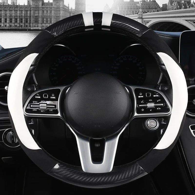 Color-Block Steering Wheel Cover – PU Leather & Suede with Carbon Fiber Style, Universal 14.5–15 Inch Fit