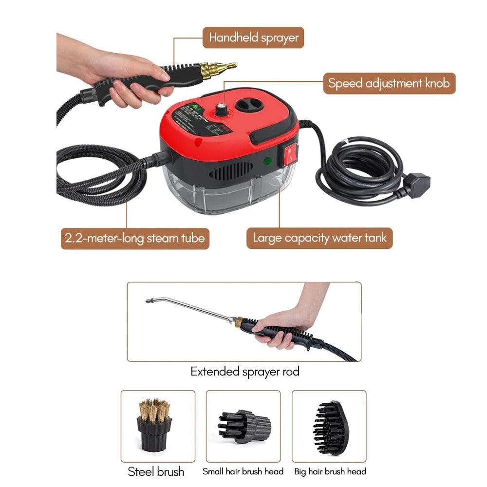 2500W Portable Handheld Steam Cleaner – High-Temperature Pressurized Cleaning Machine with Brush Heads
