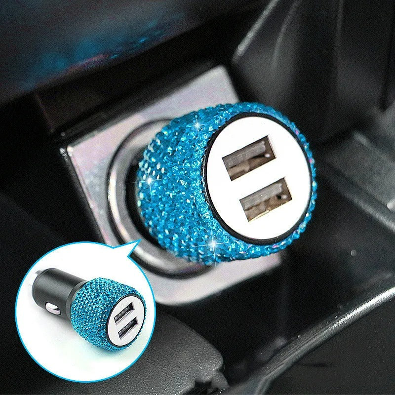 Bling Dual Port USB Car Charger – 5V 2.1A Fast Adapter with Rhinestone Design, Gift For Mother's Day 2025 - Delicate Leather