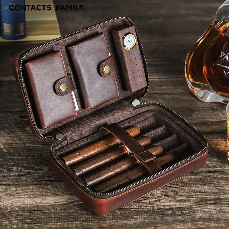 4-Pack Cigar Box with Wrist Zipper - Outdoor Travel Set, Moisturizing and Moisture-Proof Storage - Delicate Leather