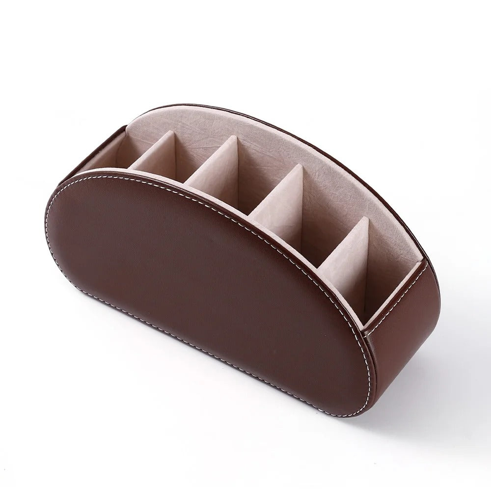 Desktop PU Leather Organizer Remote Control Phone and TV Holder Desk Storage Box Cosmetic Brush Storage Holder - Delicate Leather