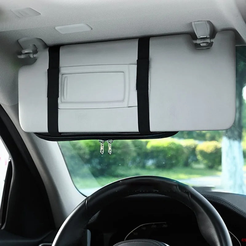 Car Sun Visor Organizer - Multi-pocket Zipper Auto Truck SUV Storage Pouch - Delicate Leather