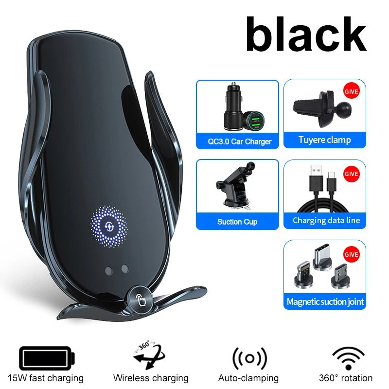 Universal Car Cell Phone Holder Bracket 15W Wireless Charging Handsfree Phone Holder for Dashboard, Windshield, Vent - Delicate Leather