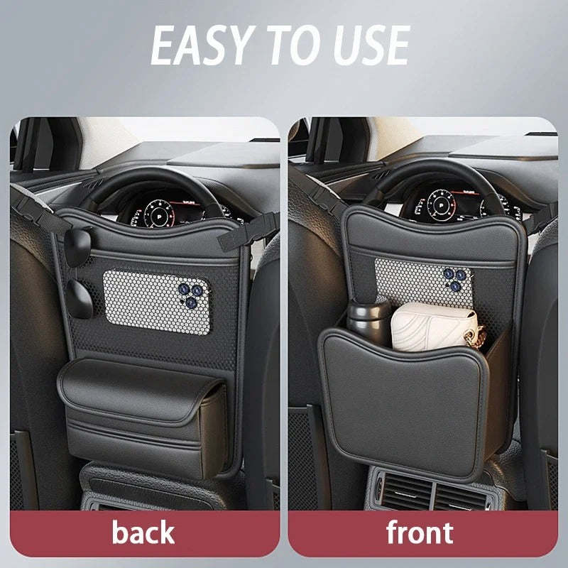 Large Capacity Car Seat Middle Hanger Storage Bag – Between Seats Organizer with Cup & Tissue Pockets - Delicate Leather