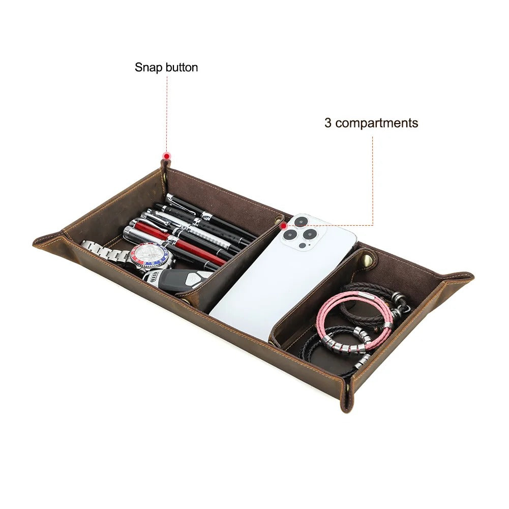 Genuine Leather Desktop Tray Organizer, 3 Compartments, Durable for Key Jewelry Cosmetic Storage Box, Folding Home Decoration