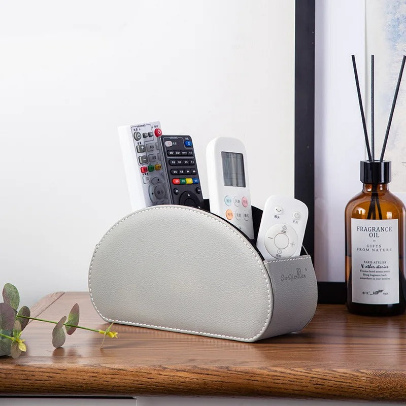 Desktop PU Leather Organizer Remote Control Phone and TV Holder Desk Storage Box Cosmetic Brush Storage Holder - Delicate Leather