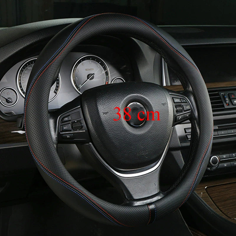 Leather Car Steering Wheel Cover Universal Fit 36cm 38cm 39cm – Anti-Slip Interior Steering Protector - Delicate Leather