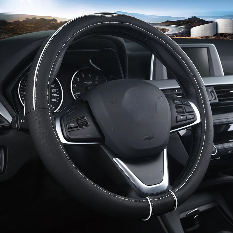 Universal Leather Steering Wheel Cover – Anti-Slip Car Handle Cover, Available in 38cm Sizes - Delicate Leather